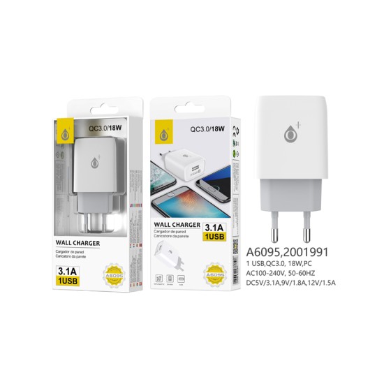 ADAPTADOR CARREGADOR ONEPLUS A6095 BL SEM CABO 1 PORTAS USB QC3.0 3.1A MÁX. BRANCO